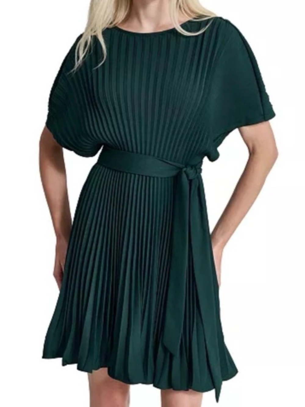 Pleated Short-Sleeve Belted Dress in Deep Green DKNY